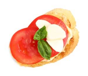 Photo of Tasty fresh tomato bruschetta on white background, top view