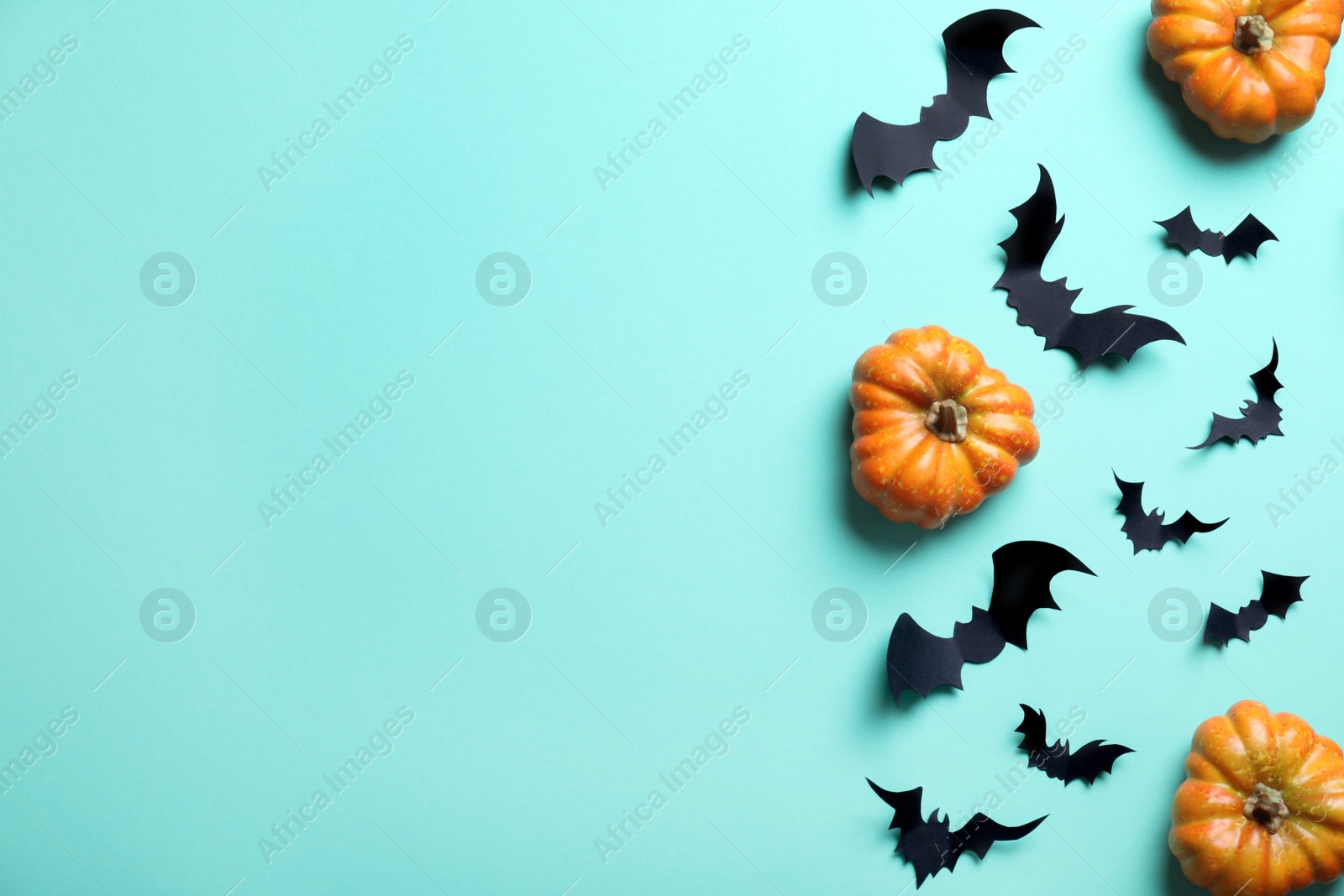 Photo of Halloween decor elements on light blue background, flat lay. Space for text