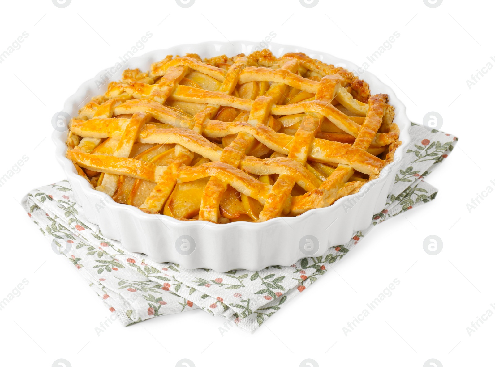 Photo of Tasty homemade quince pie isolated on white