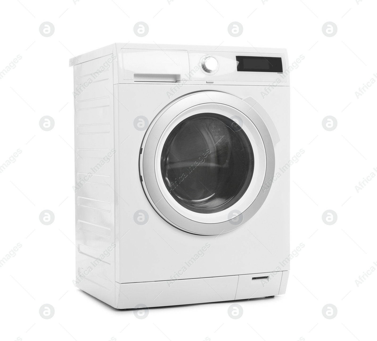 Photo of Modern washing machine on white background. Laundry day