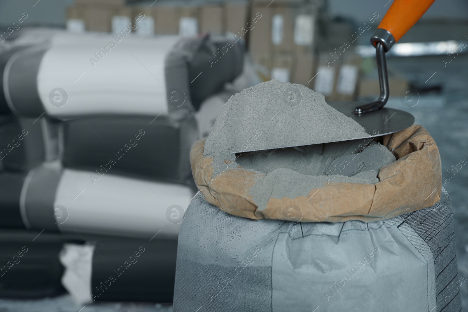Photo of Cement powder and trowel put in bag, closeup. Space for text