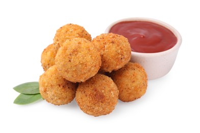 Photo of Pile of delicious fried tofu balls, ketchup and basil on white background