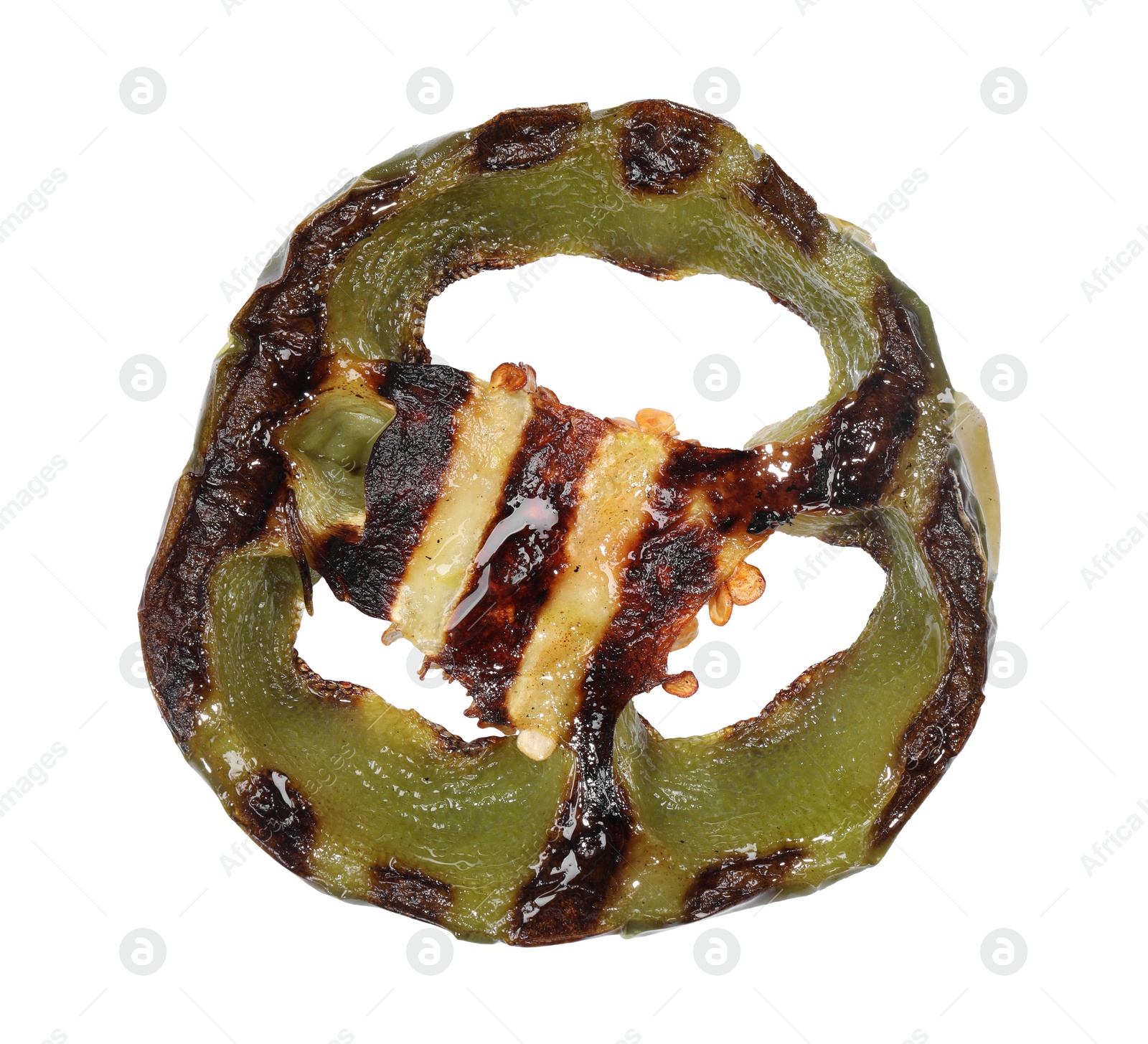 Photo of Slice of grilled green chili pepper isolated on white, top view