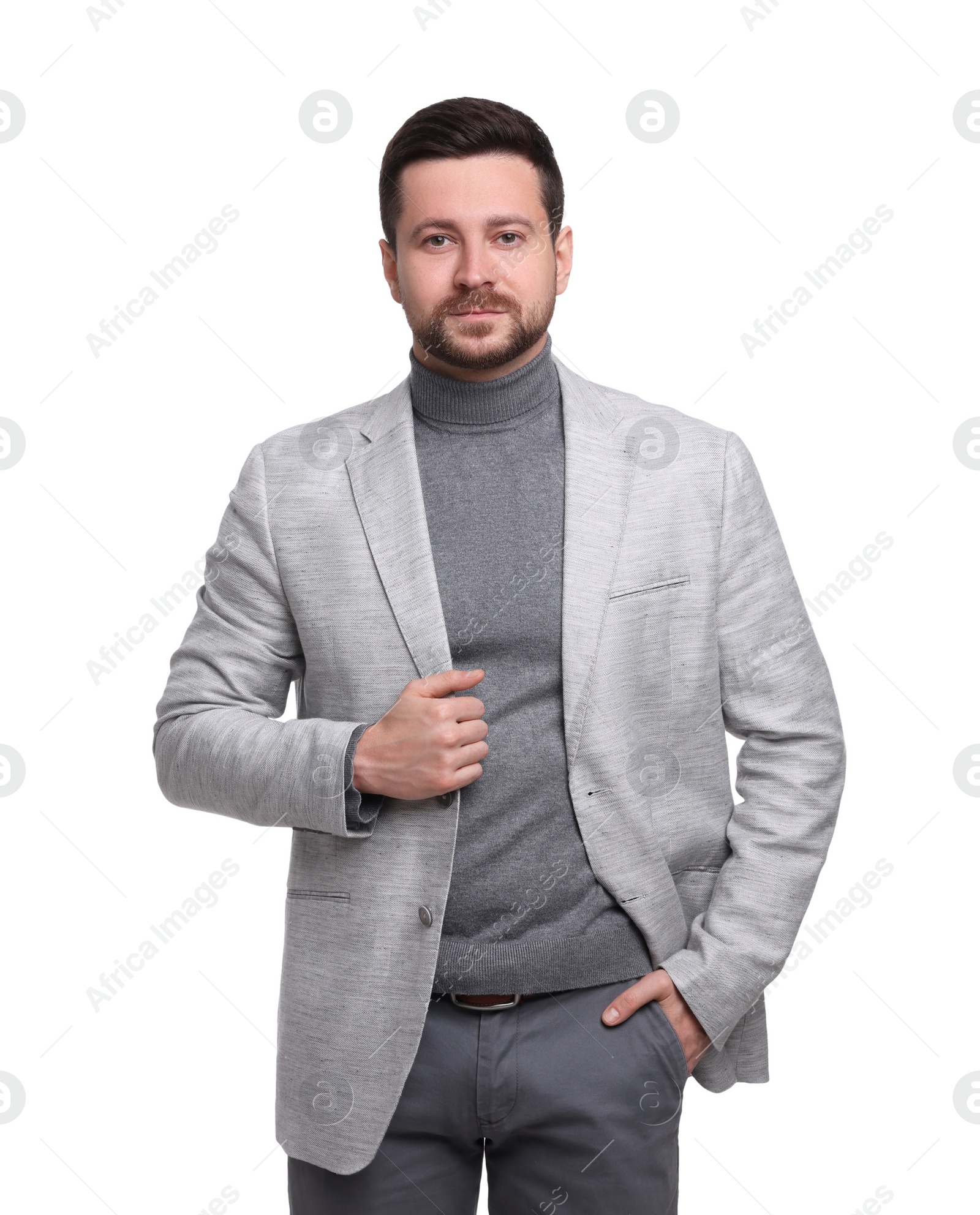 Photo of Handsome bearded businessman in suit on white background