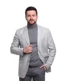 Photo of Handsome bearded businessman in suit on white background