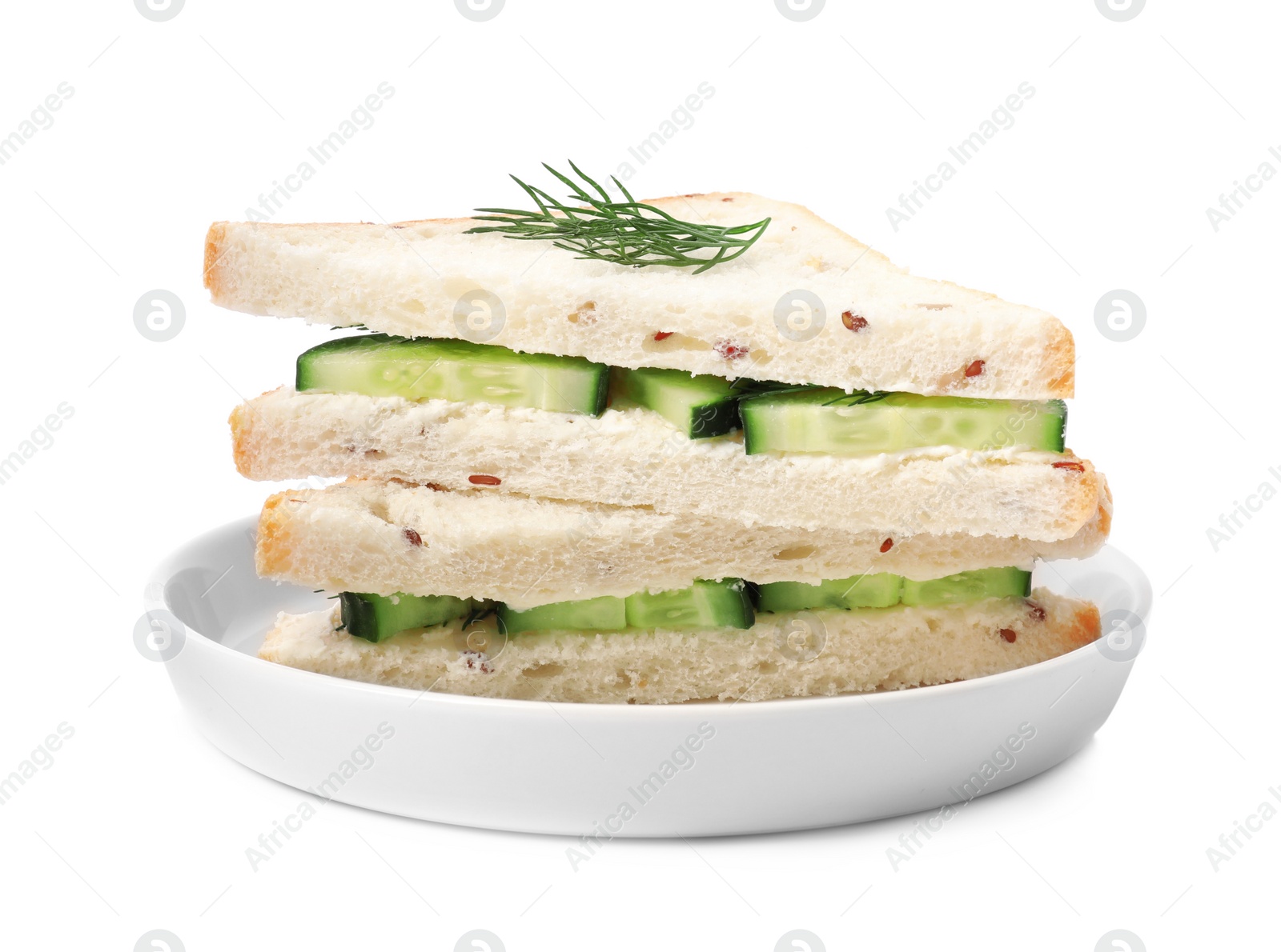 Photo of Tasty fresh cucumber sandwiches on white background