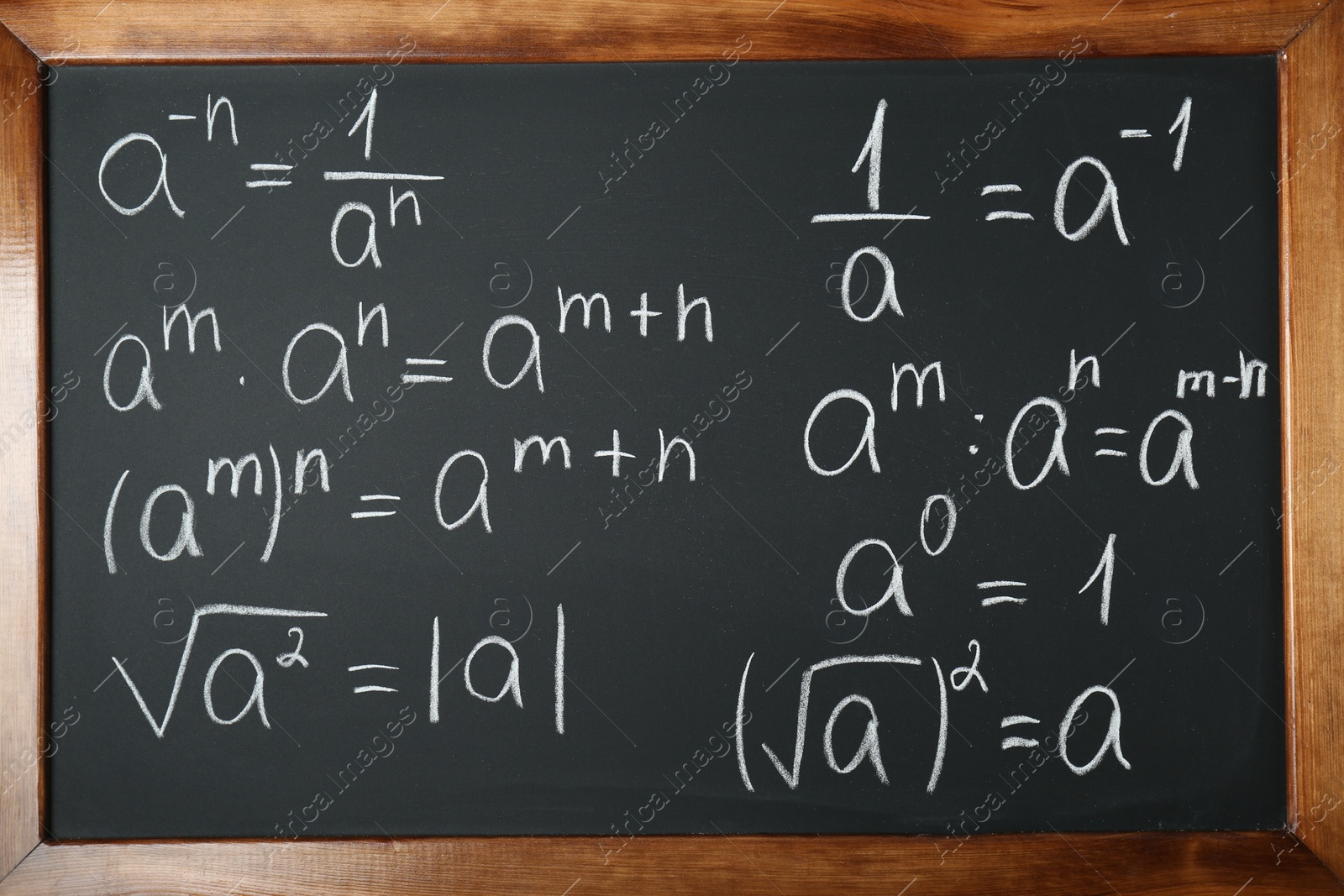 Photo of Many different math formulas written on chalkboard, closeup