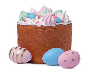 Photo of Traditional Easter cake with meringues and painted eggs isolated on white