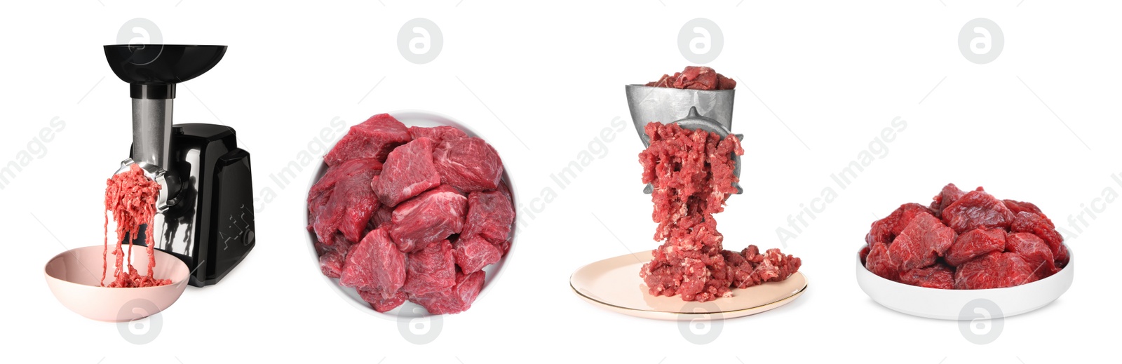 Image of Mincing beef with meat grinders on white background, collage