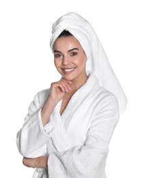 Photo of Beautiful young woman wearing bathrobe and towel on head against white background