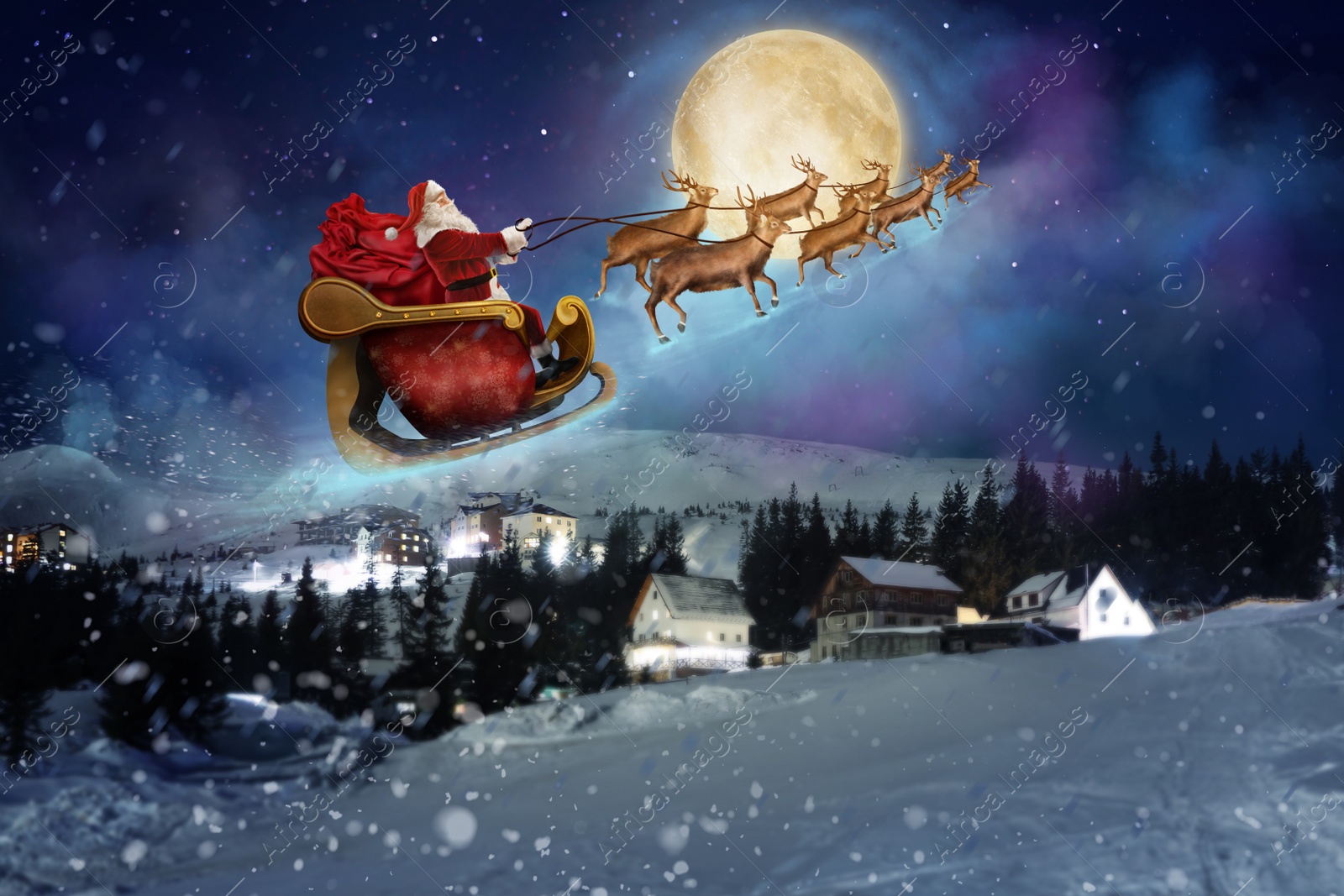 Image of Magic Christmas eve. Santa with reindeers flying in sky on full moon night