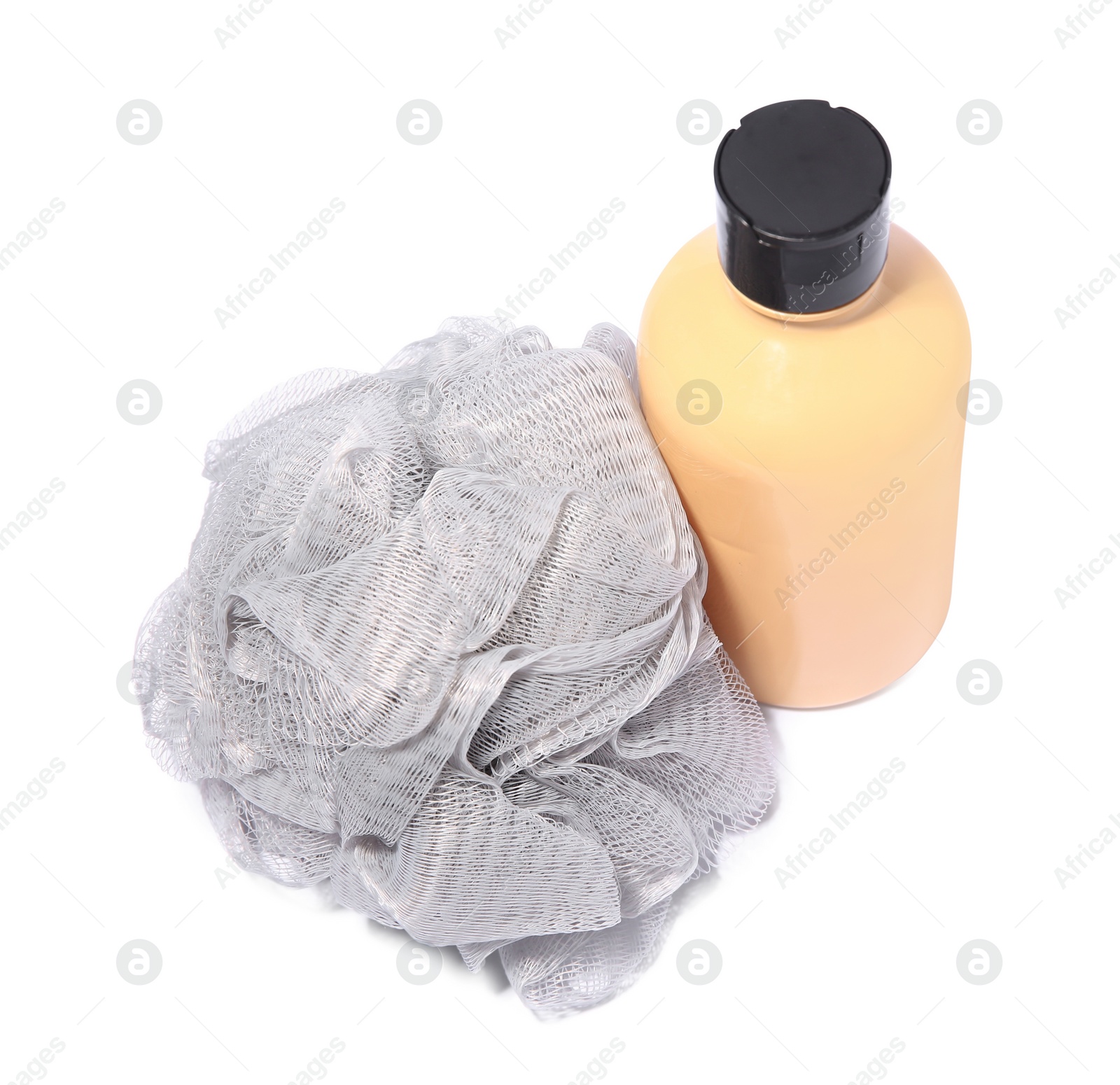 Photo of New grey shower puff and bottle of cosmetic product on white background