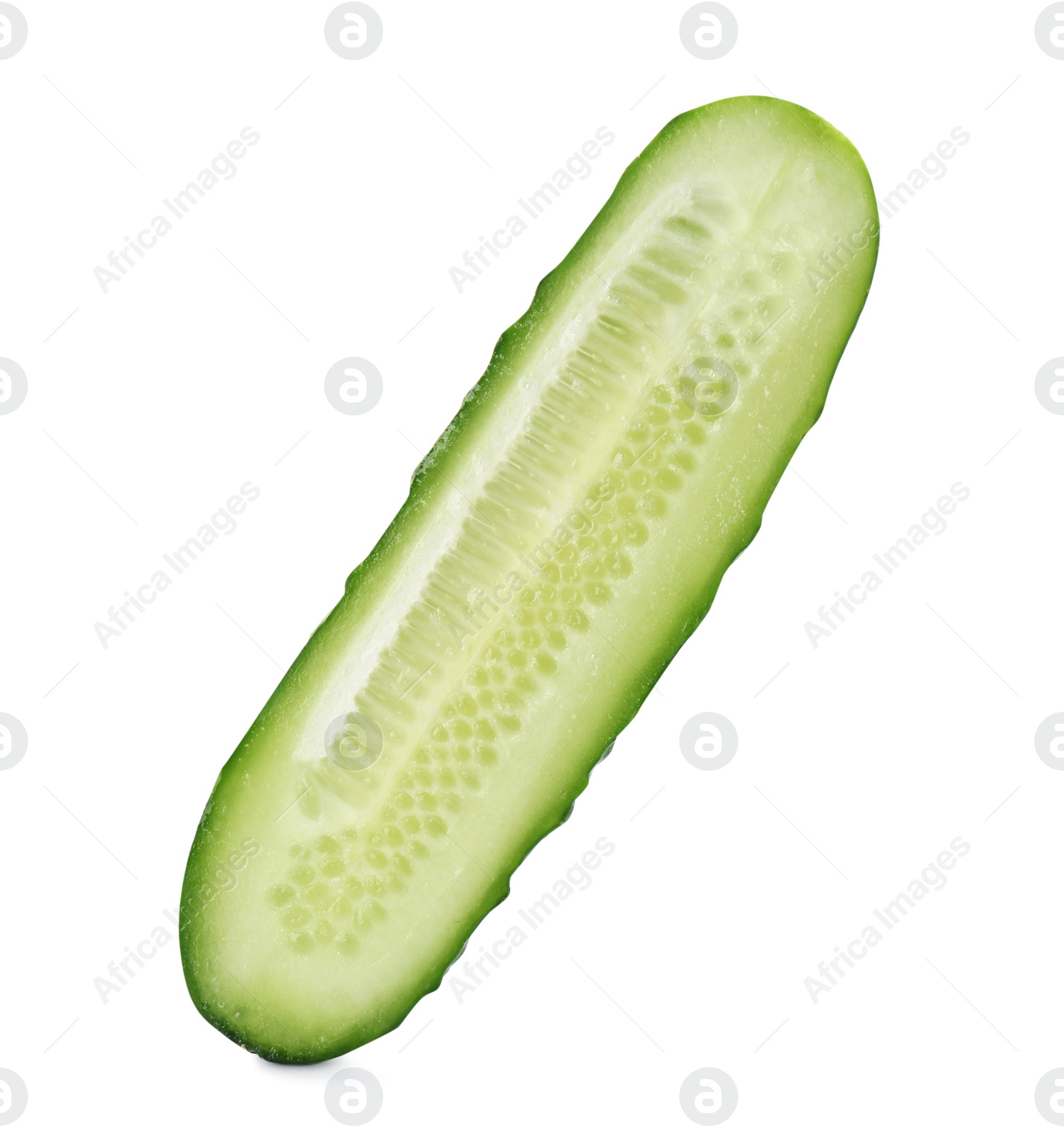 Photo of Half of fresh ripe cucumber on white background