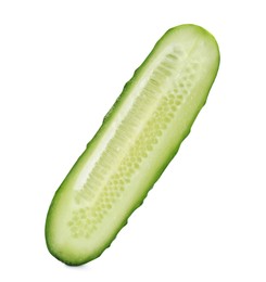 Photo of Half of fresh ripe cucumber on white background