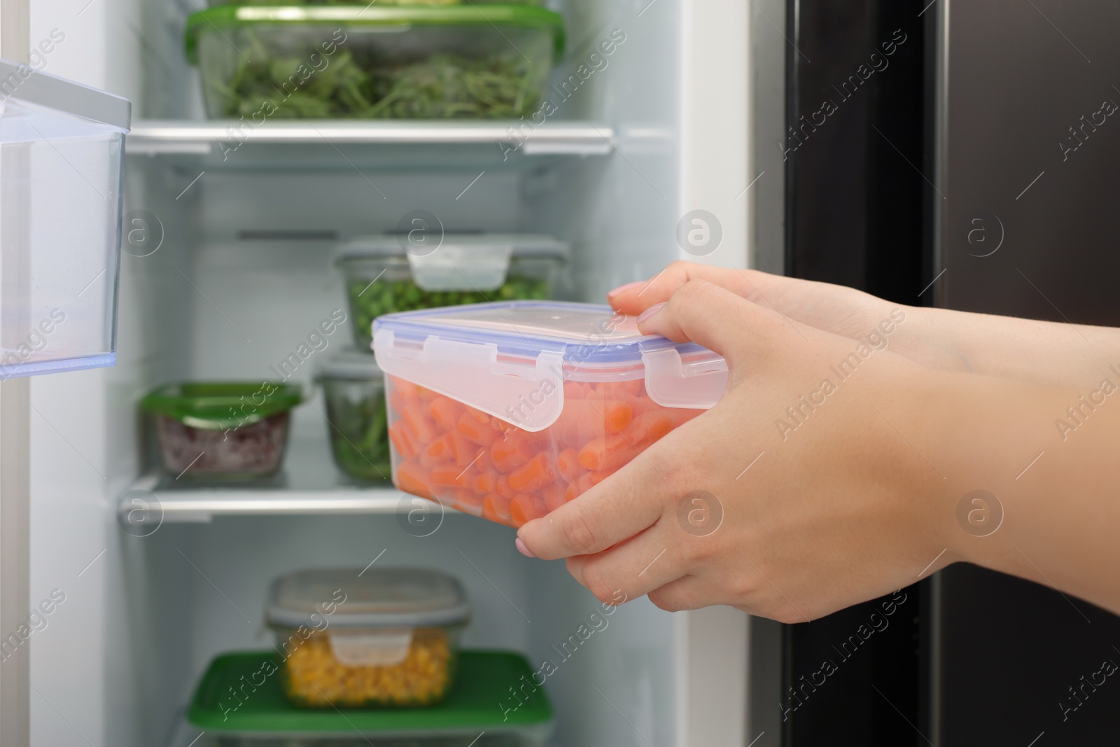 Photo of Woman putting container with fresh carrots into fridge, closeup. Food storage