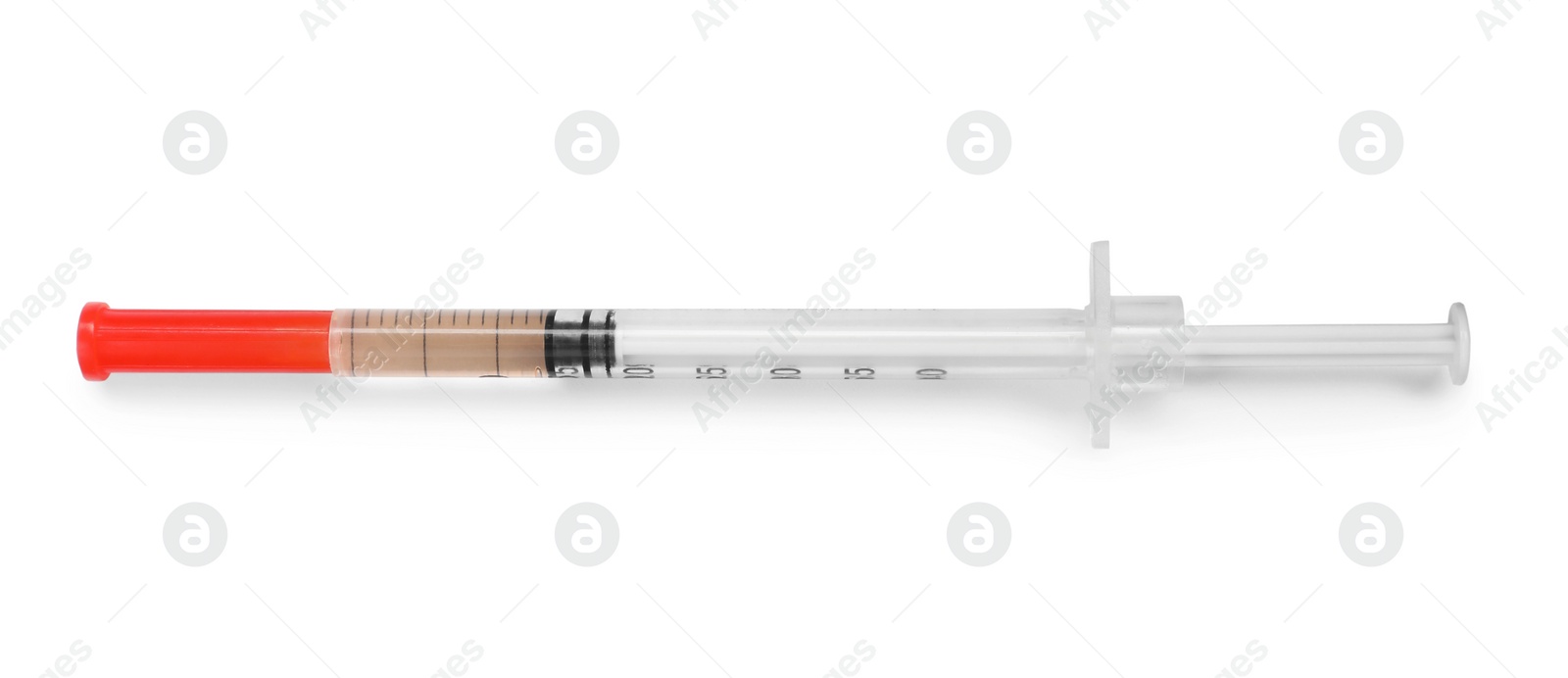 Photo of Syringe on white background, top view. Medical treatment