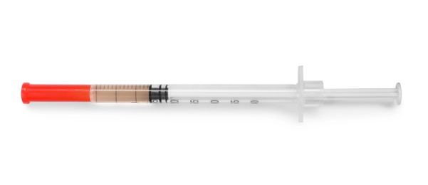 Photo of Syringe on white background, top view. Medical treatment