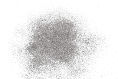 Photo of Shiny silver glitter on white background, top view