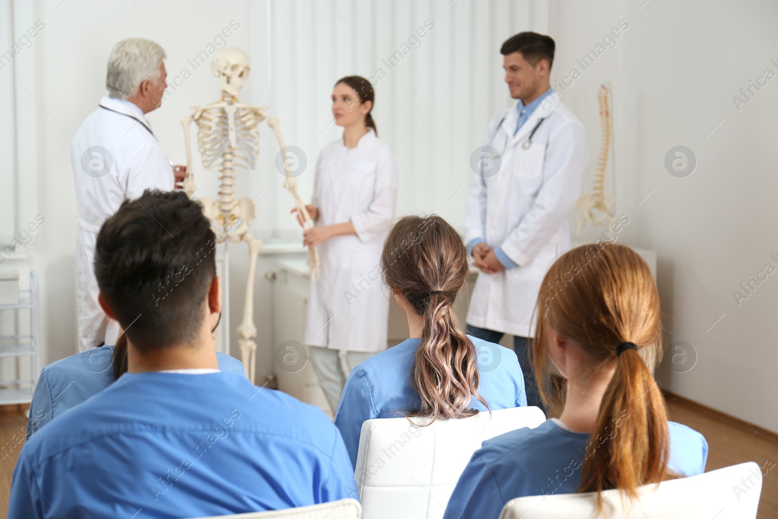 Photo of Medical students having lecture in orthopedics at clinic