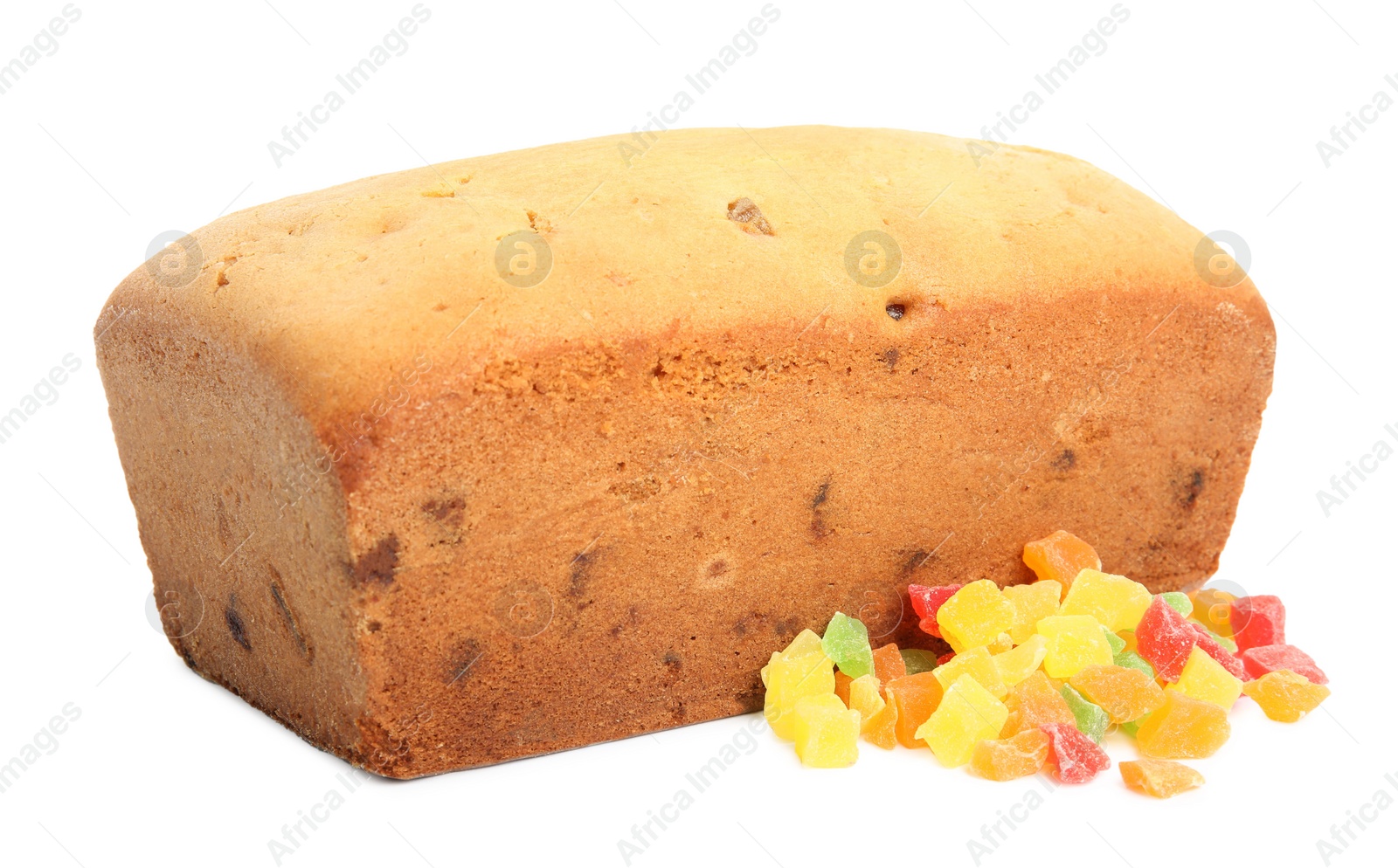 Photo of Delicious cake with candied fruits on white background