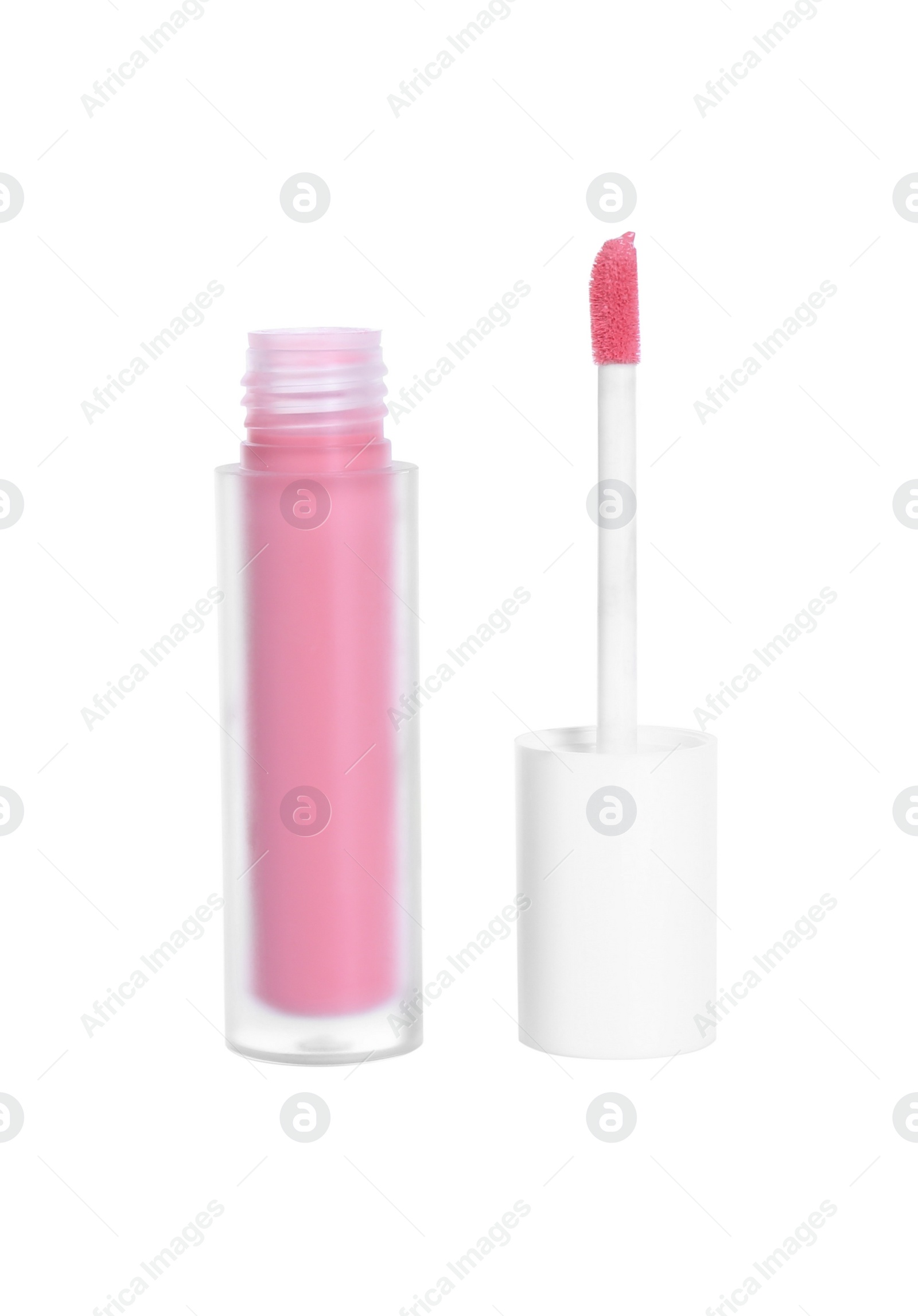 Photo of Pink lip gloss and applicator isolated on white. Cosmetic product