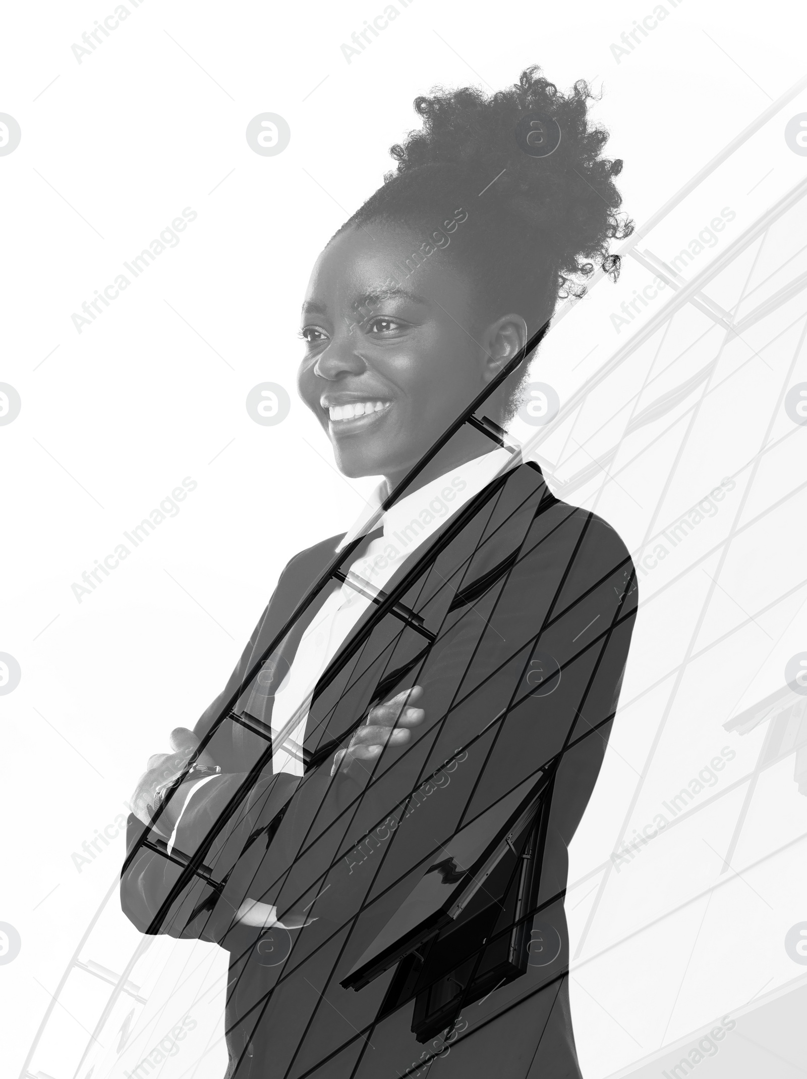 Image of Double exposure of businesswoman and office building