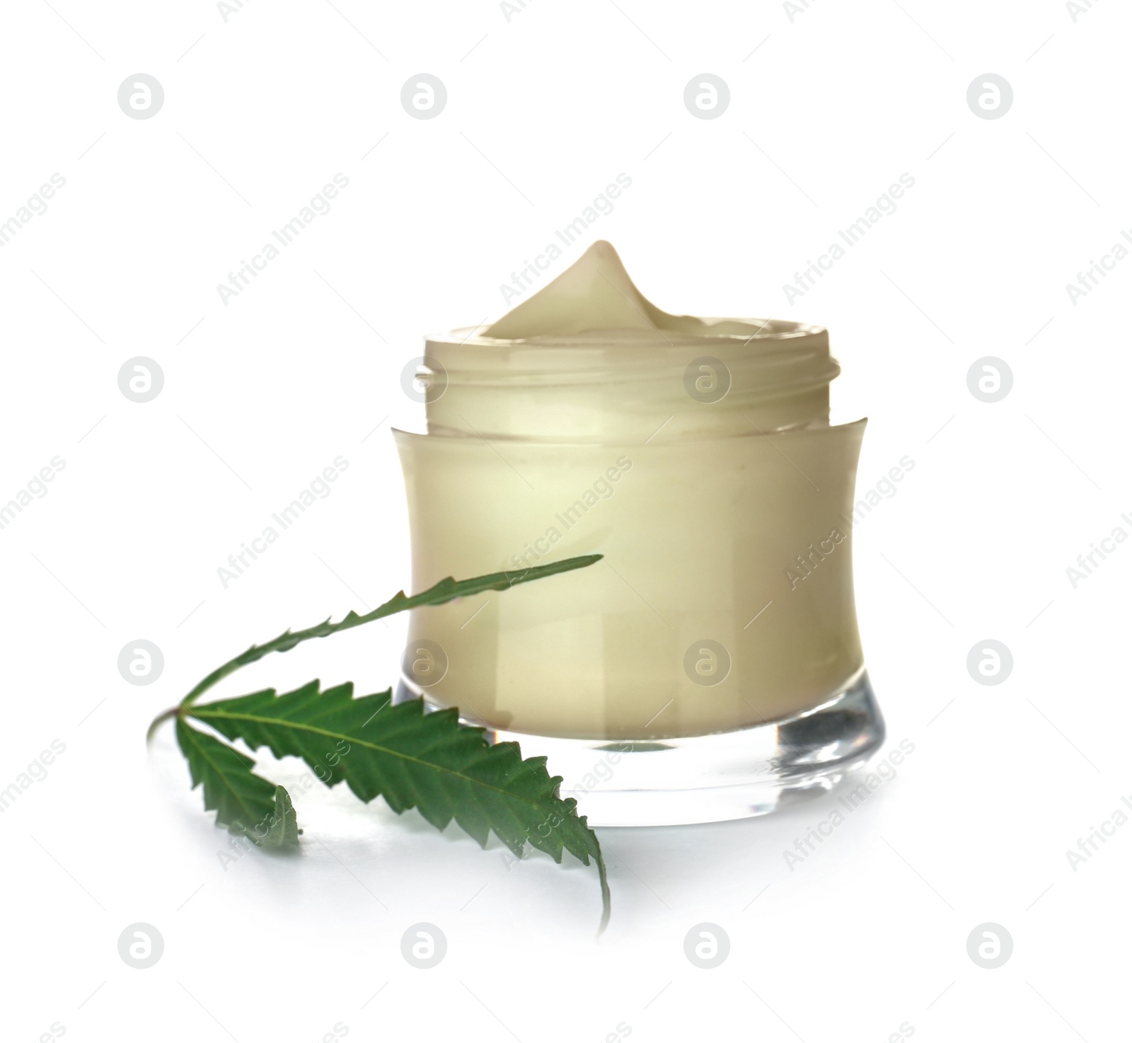 Photo of Jar with hemp lotion on white background