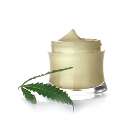 Photo of Jar with hemp lotion on white background