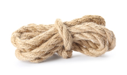 Photo of Bundle of hemp rope on white background