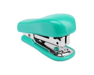 One new turquoise stapler isolated on white