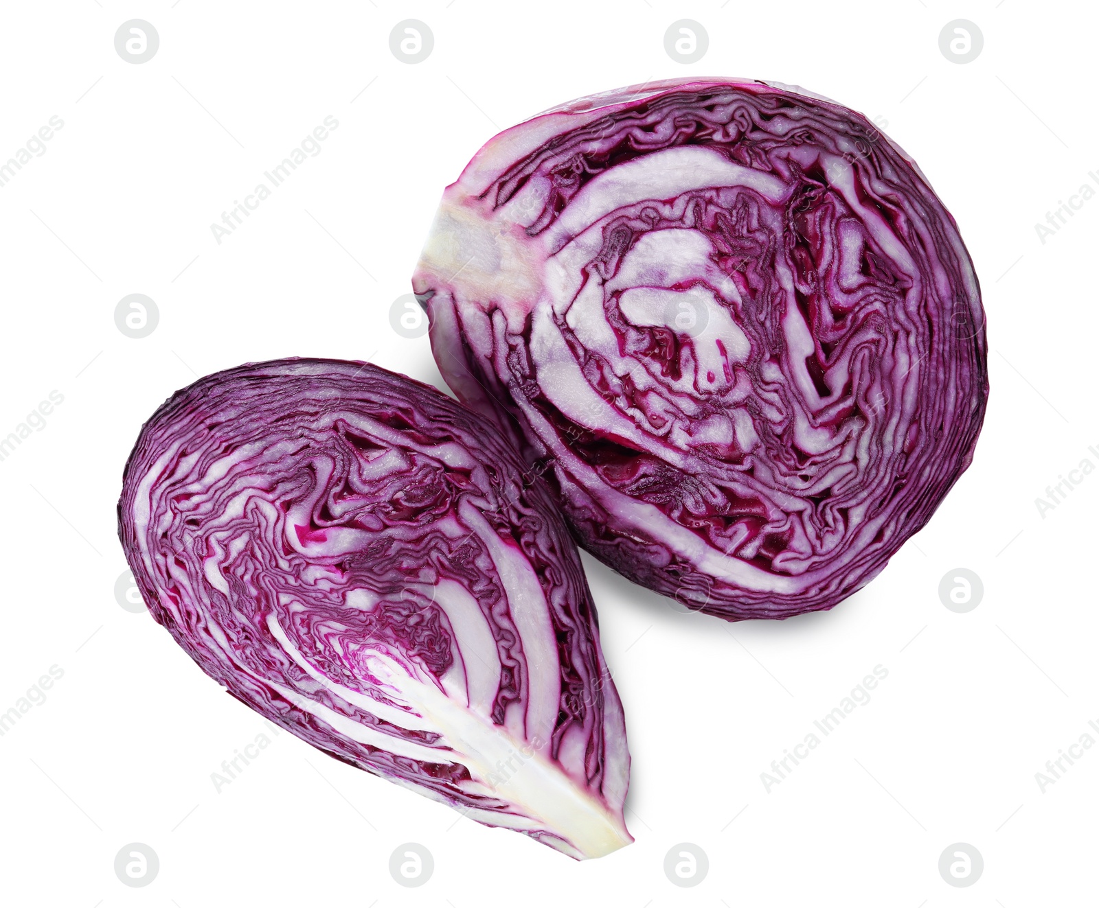 Photo of Fresh ripe red cabbages isolated on white, top view