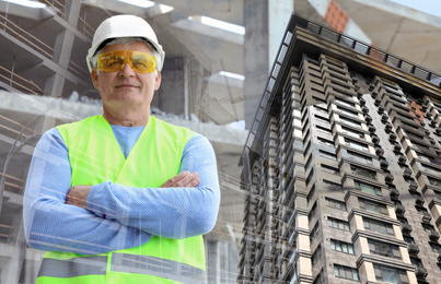 Image of Multiple exposure of engineer, construction site and modern building