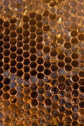 Uncapped filled honeycomb as background, closeup view