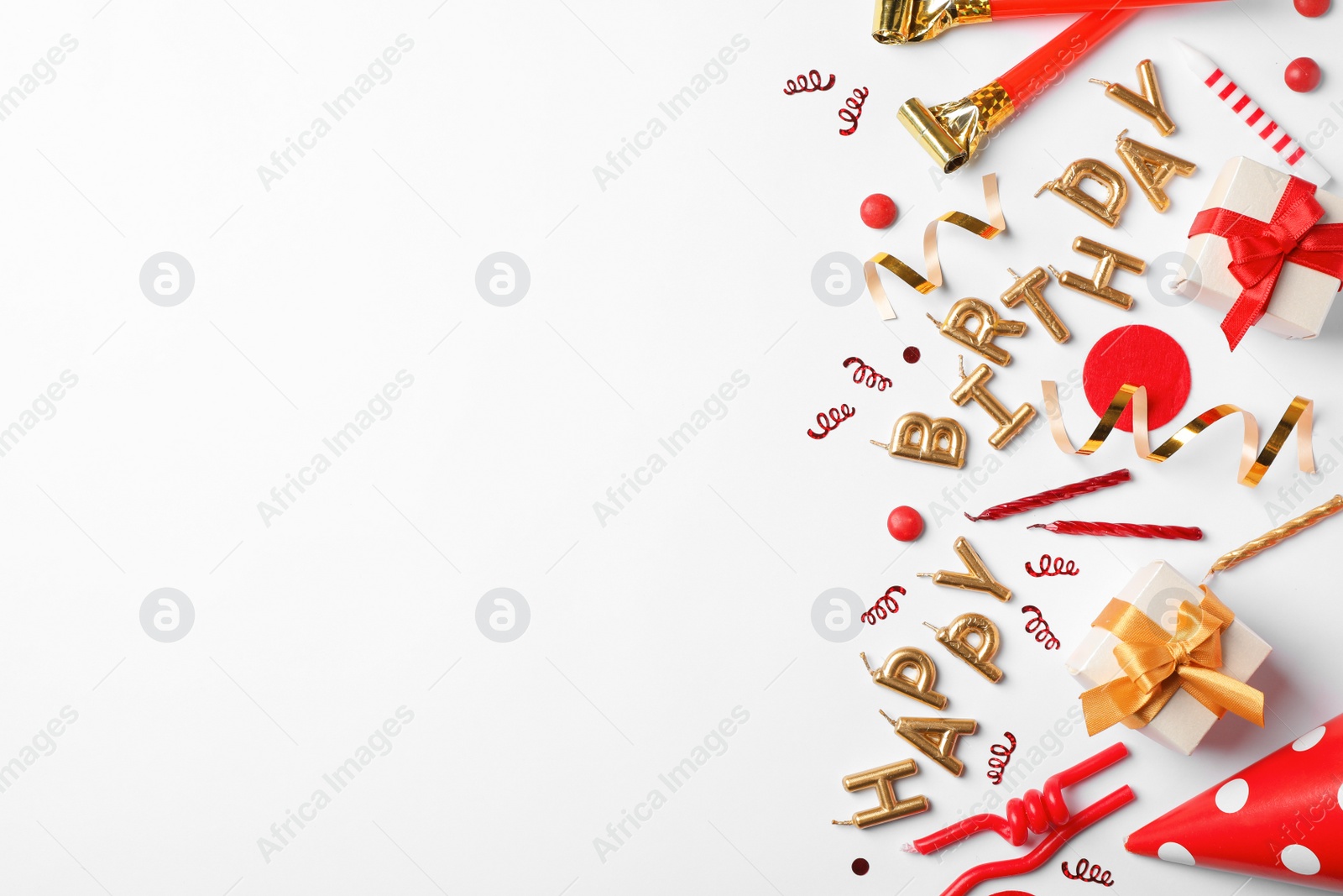 Photo of Flat lay composition with birthday party items on light background