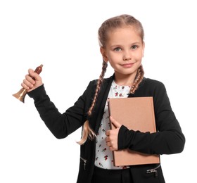 Pupil with school bell on white background