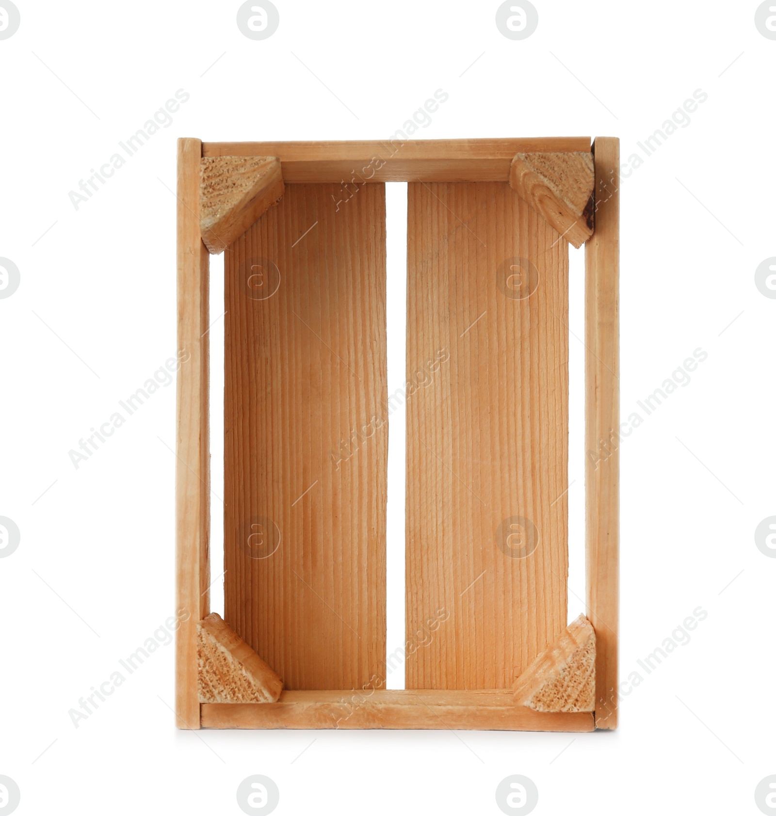 Photo of Wooden crate on white background, top view. Shipping container