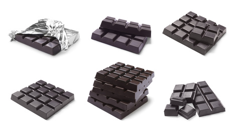 Image of Set with delicious chocolate bars on white background