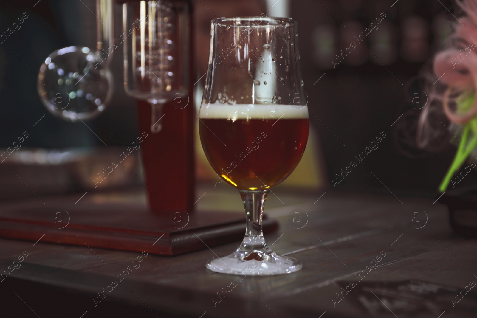 Photo of Cold tasty light beer on table in bar