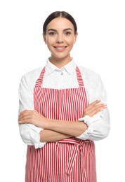 Young woman in red striped apron on white background