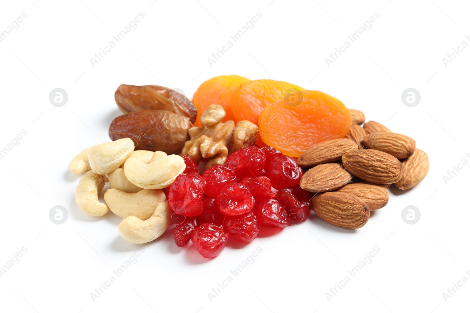 Photo of Different dried fruits and nuts on white background