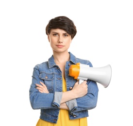 Photo of Young woman with megaphone on white background