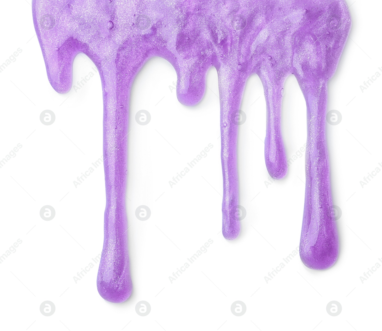 Photo of Flowing violet slime on white background. Antistress toy