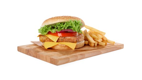 Photo of Delicious tofu burger served with french fries isolated on white