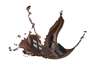 Yummy melted chocolate and falling pieces on white background
