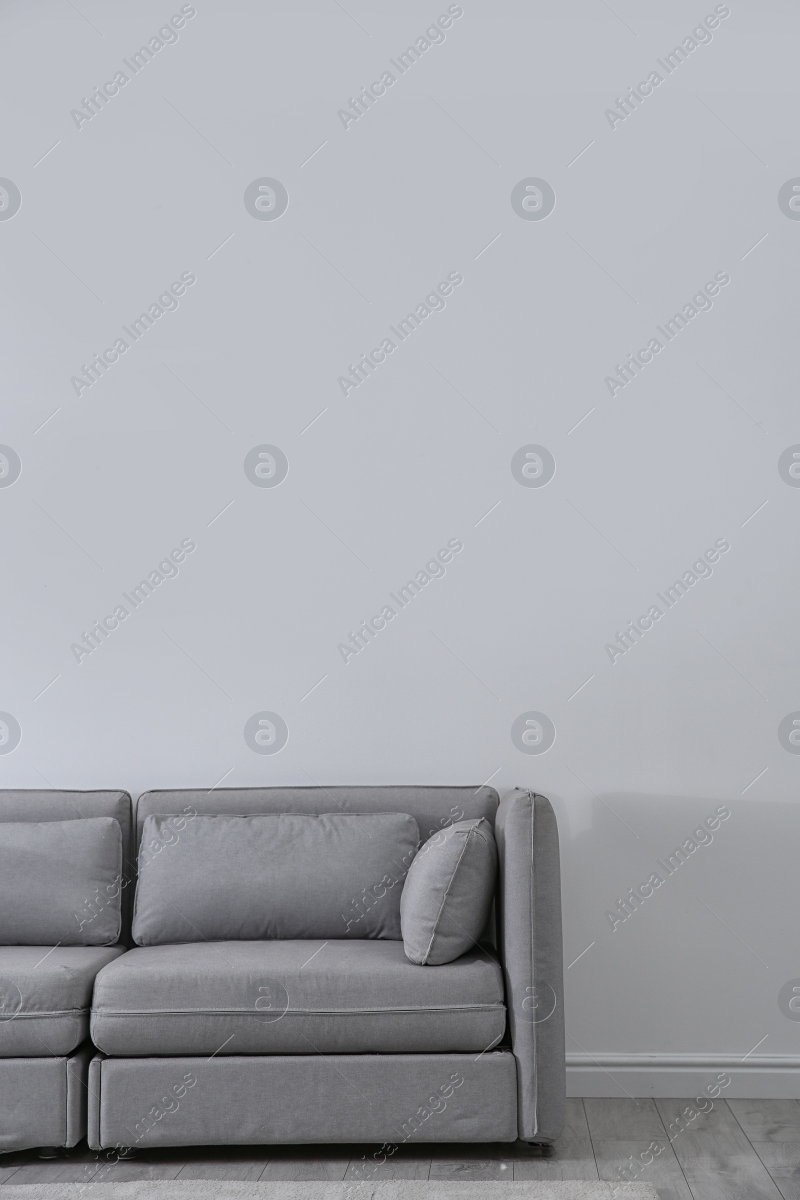 Photo of Simple living room interior with comfortable sofa near light wall. Space for text
