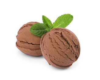 Photo of Scoops of chocolate ice cream and mint isolated on white