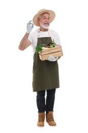 Photo of Harvesting season. Happy farmer holding wooden crate with vegetables and showing ok gesture on white background