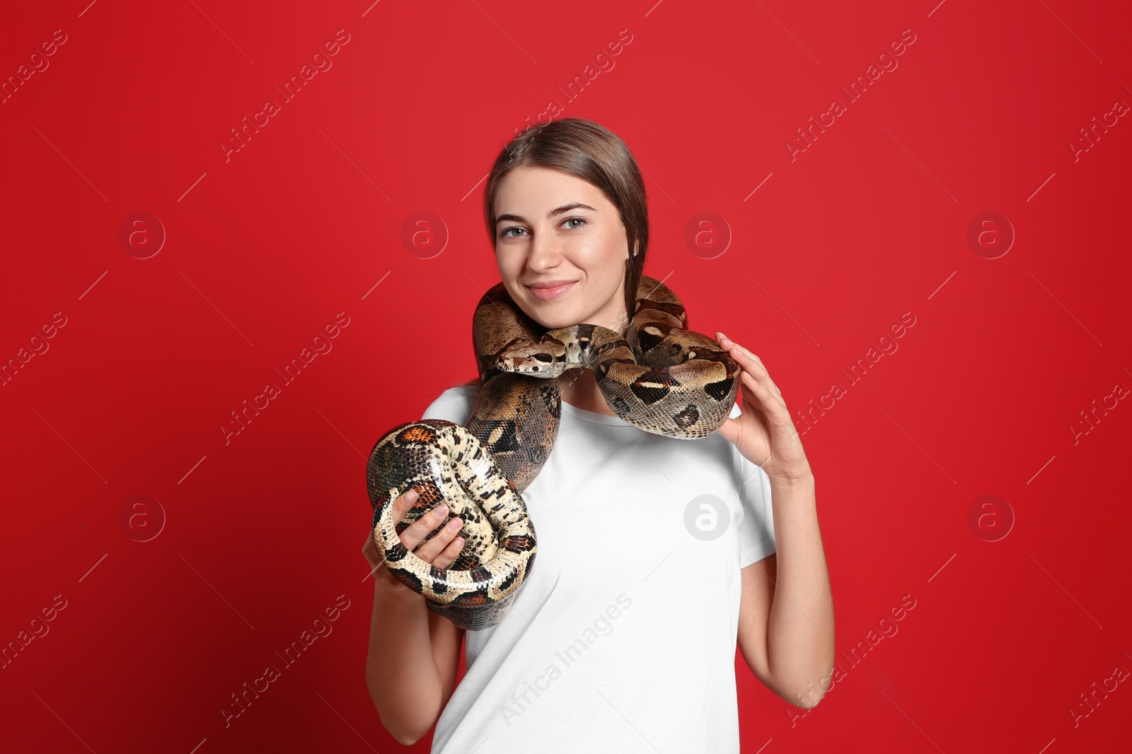 Photo of Young woman with boa constrictor on red background. Exotic pet