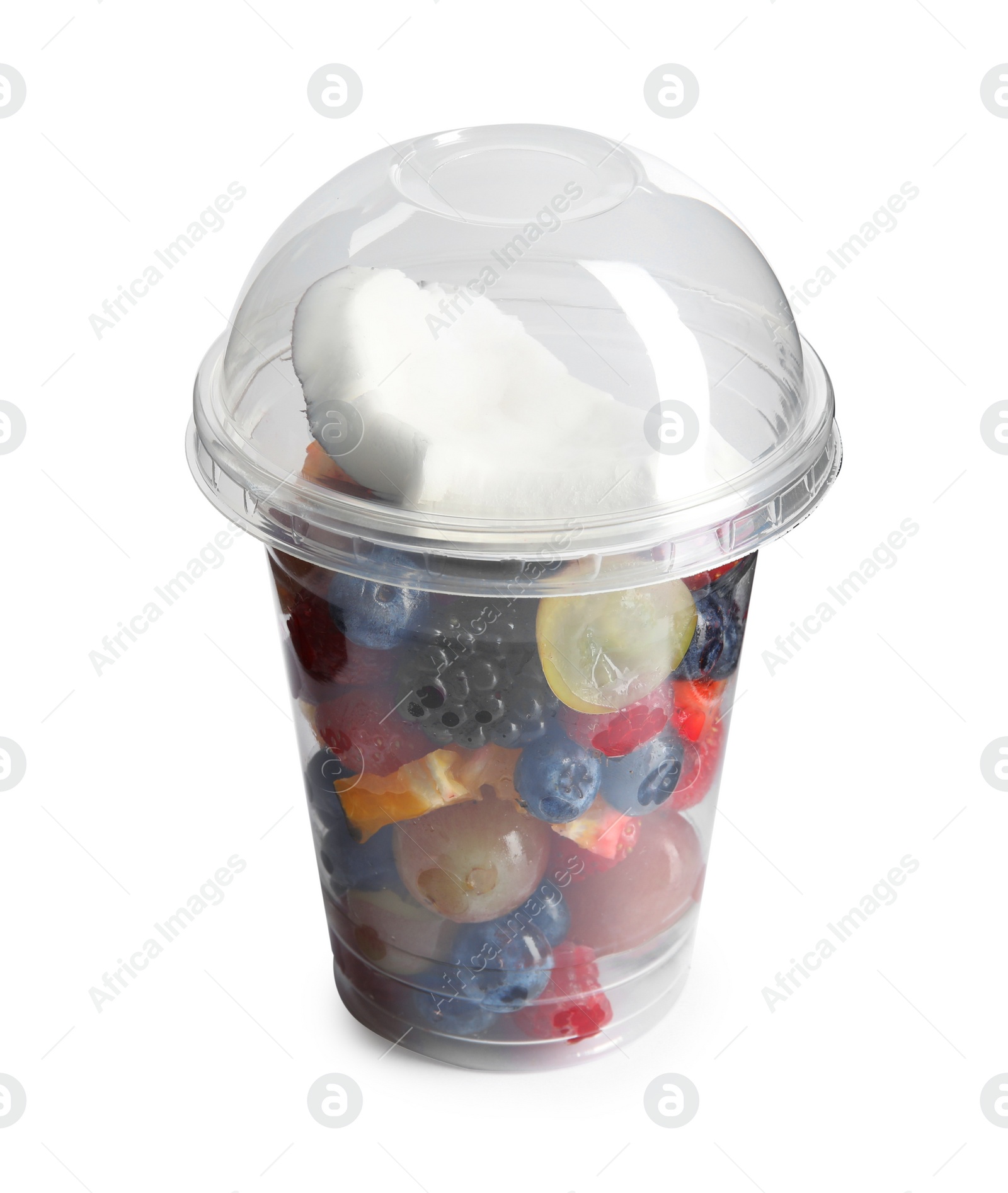 Photo of Fresh tasty fruit salad in plastic cup on white background