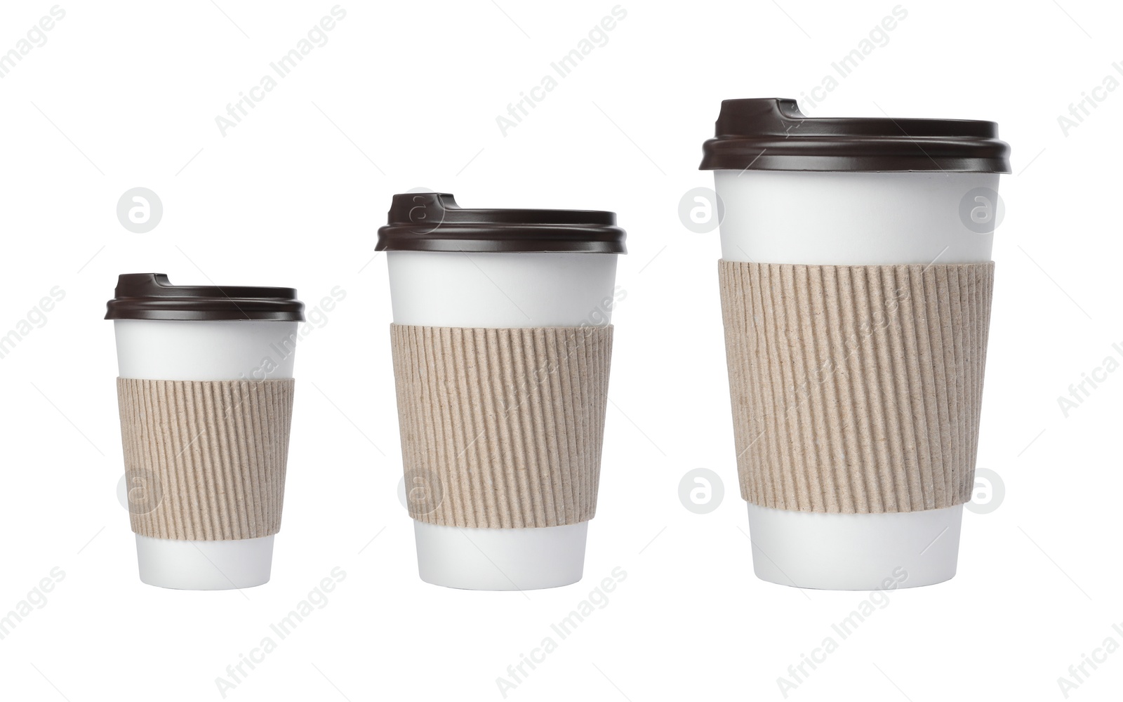 Image of Set with different takeaway coffee cups on white background